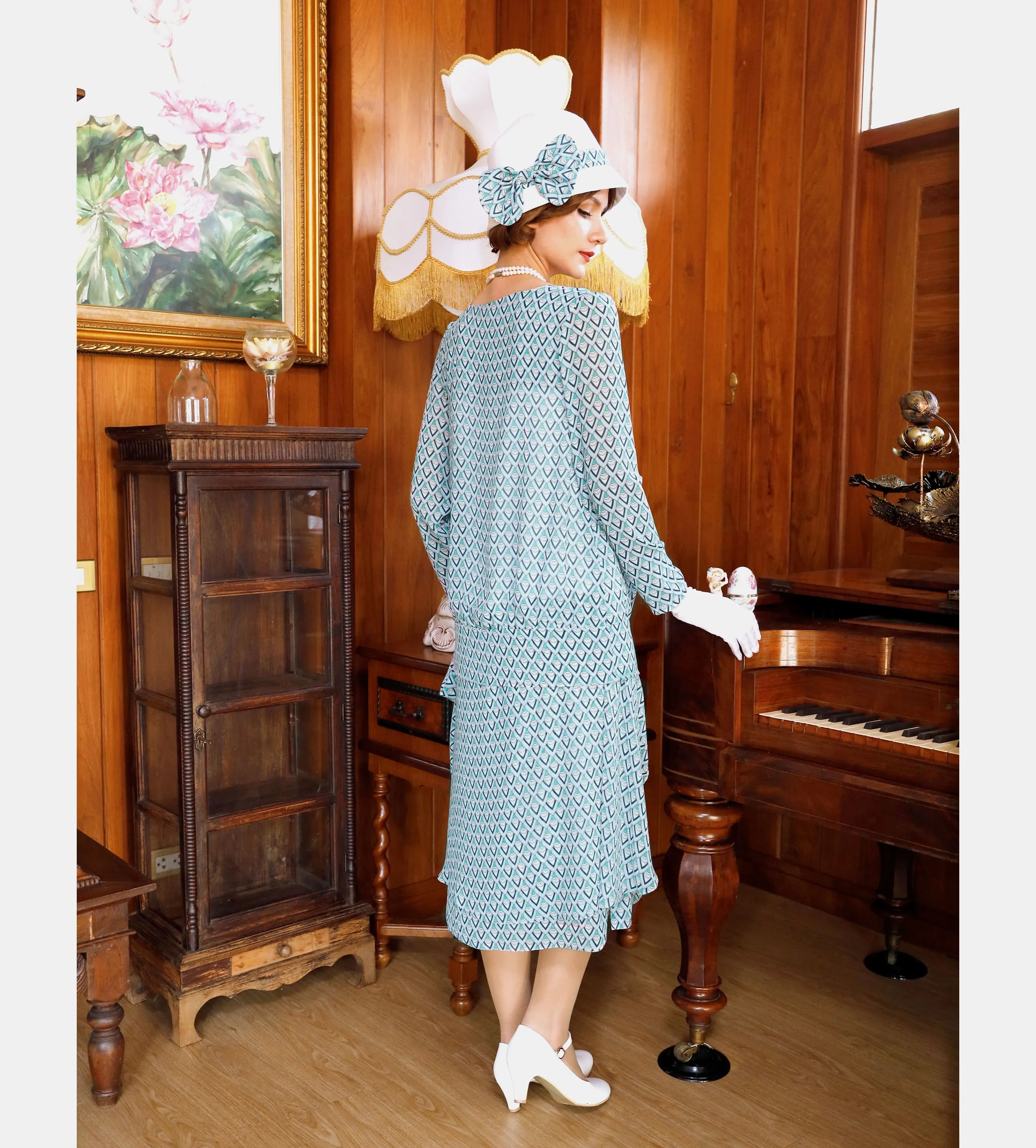 2-piece Gatsby chiffon tea day dress in printed light blue