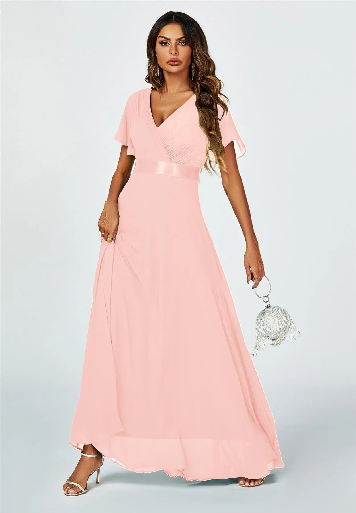 Angel Sleeves Empire Waist Bridesmaid Dress In Pink