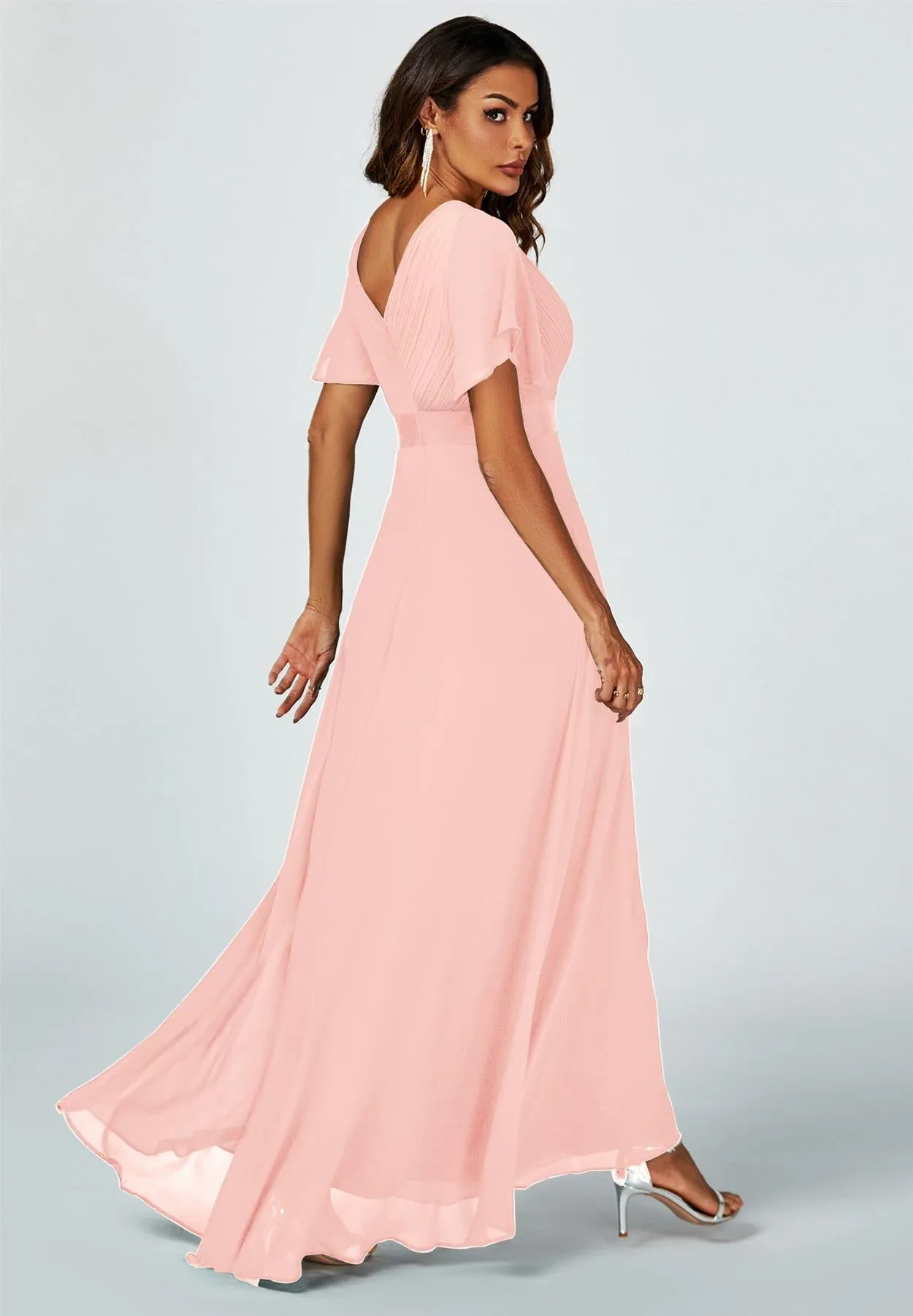 Angel Sleeves Empire Waist Bridesmaid Dress In Pink