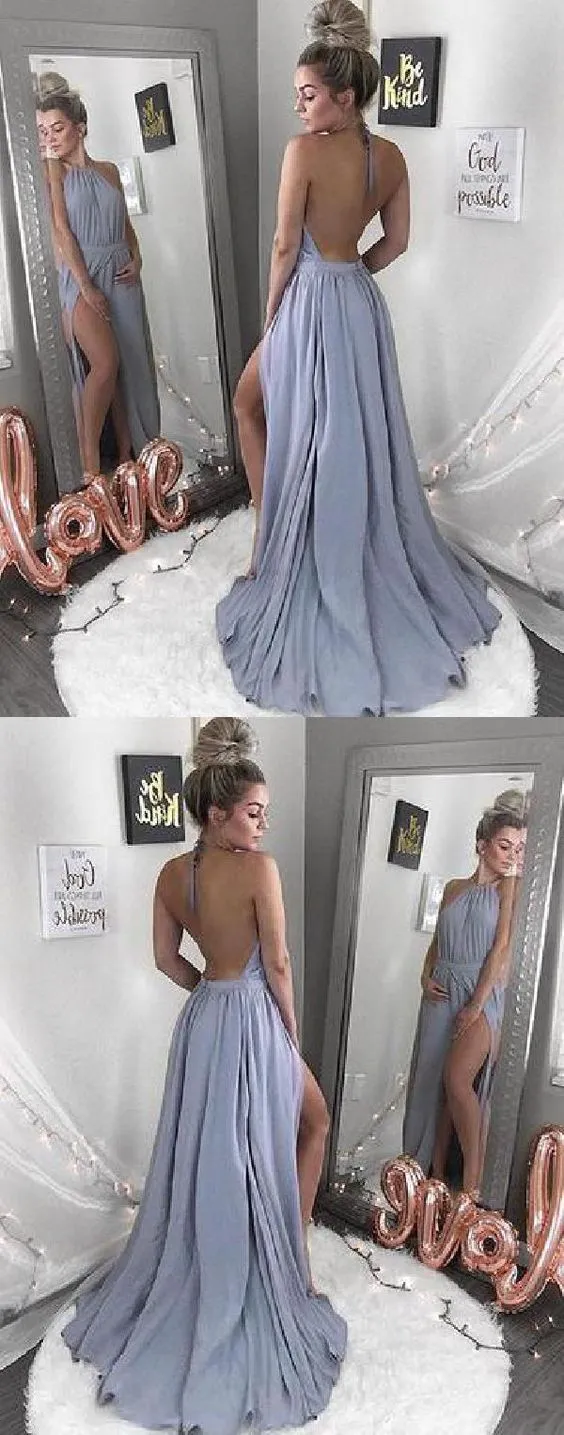 Backless Blue Halter Neck Long Simple Prom Dress