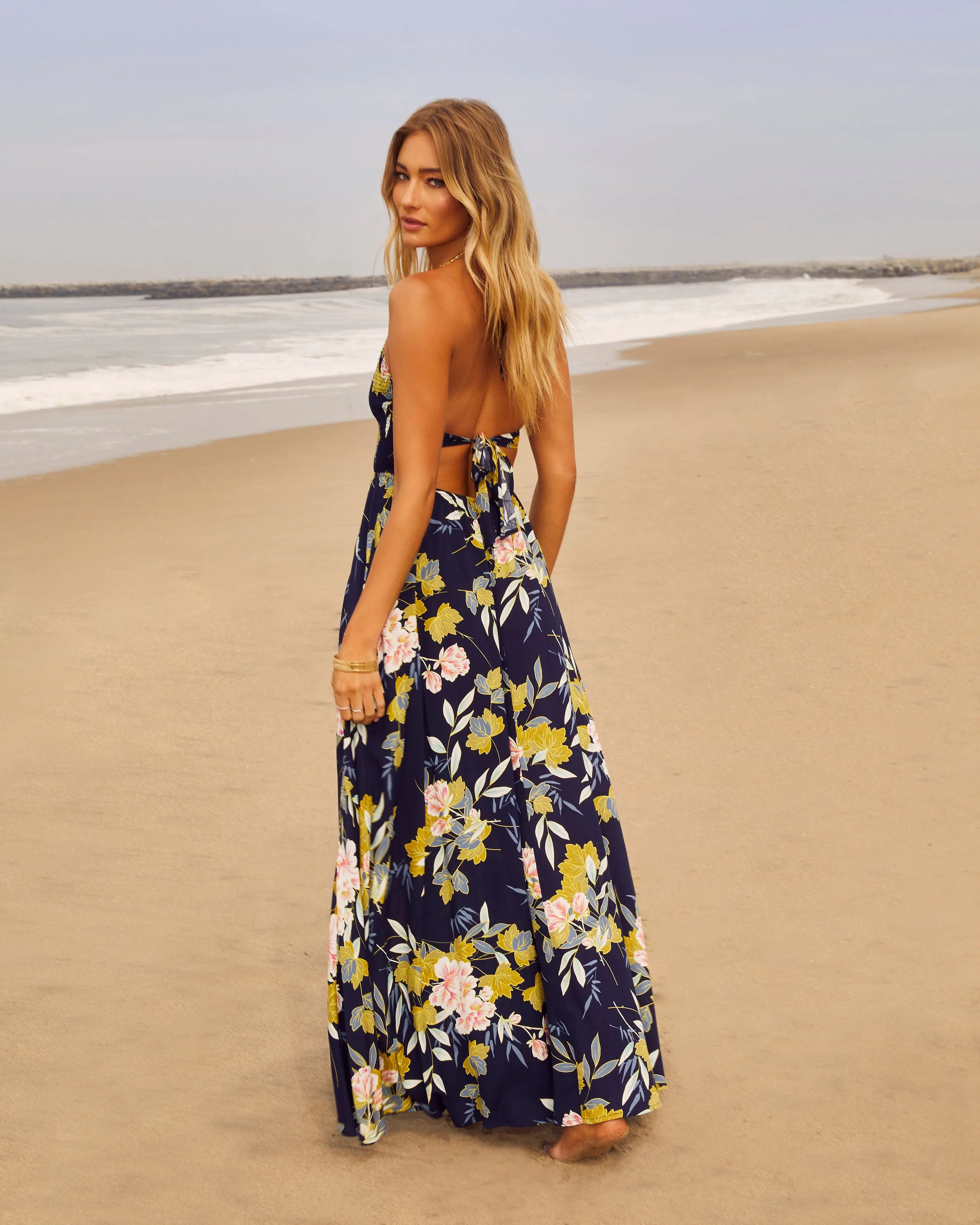 Beautiful Flowers Smocked Halter Maxi Dress