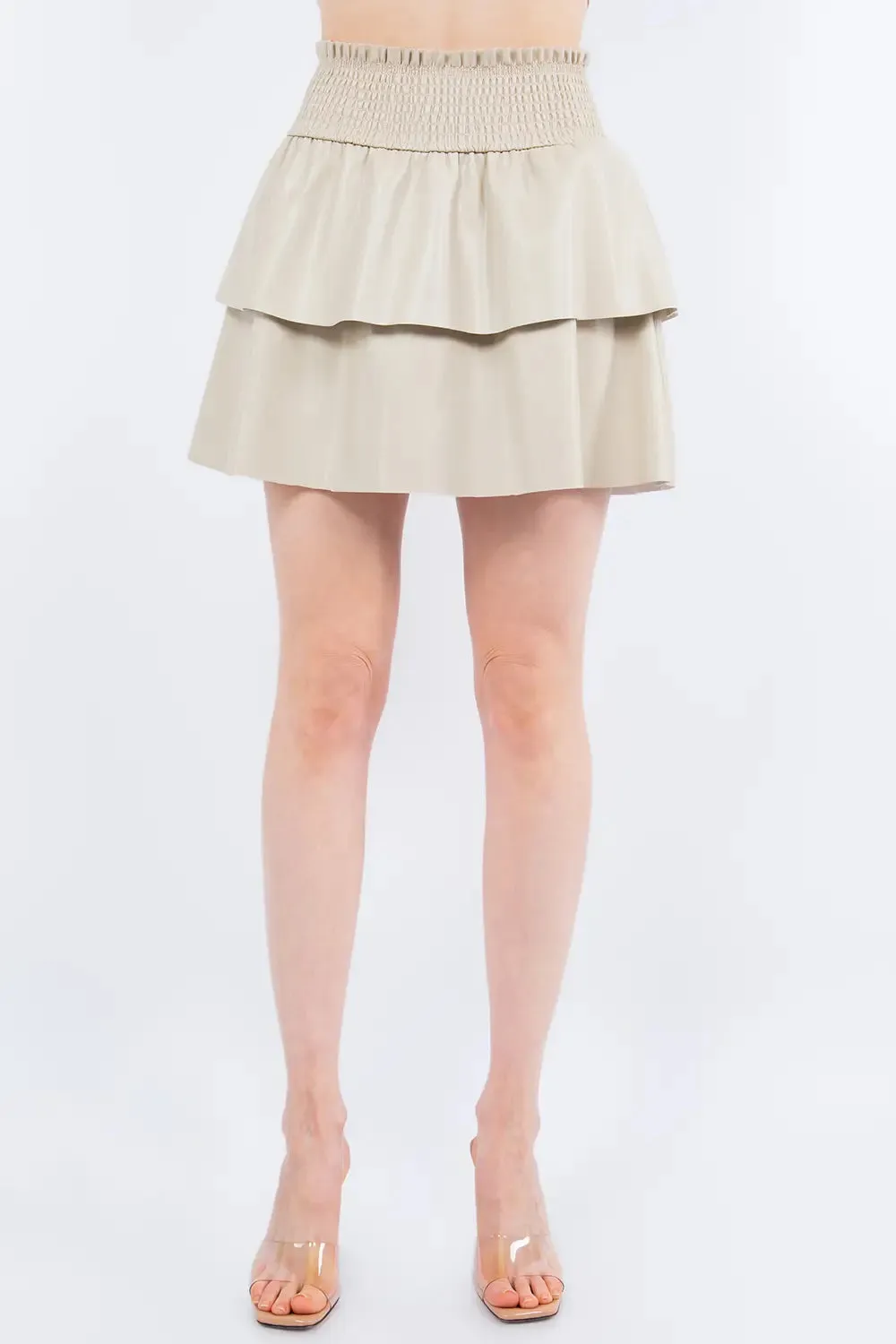 Beige Faux Leather Smocking Skirt