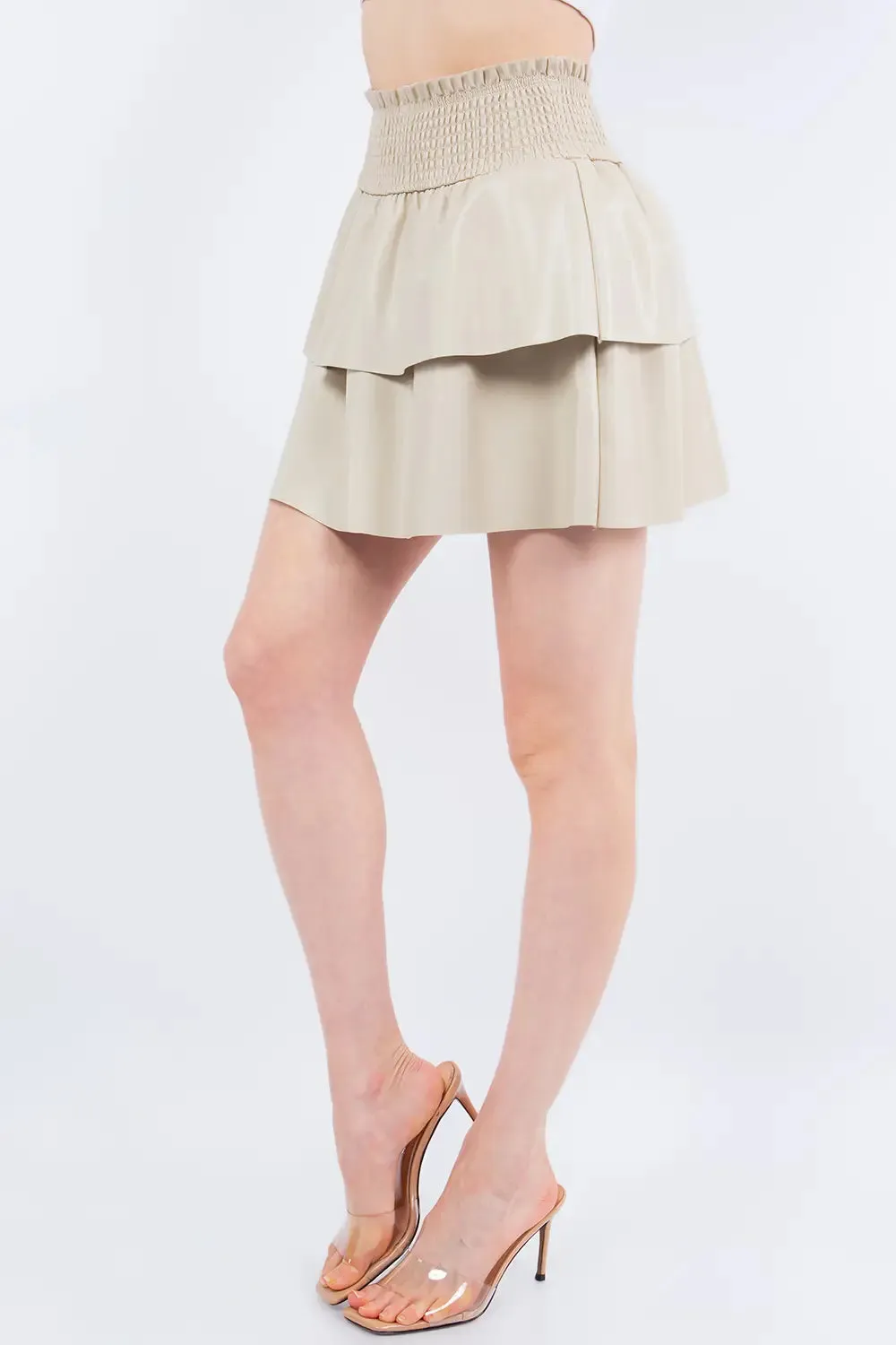 Beige Faux Leather Smocking Skirt