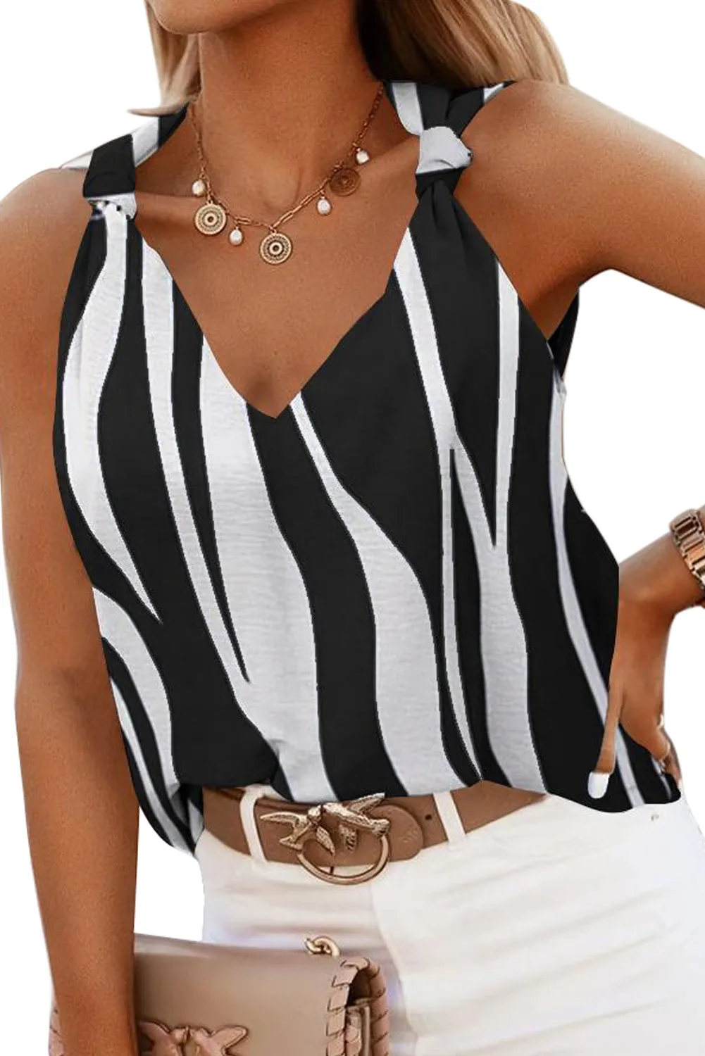 Black Striped Loosen Casual V Neck Woven Tank