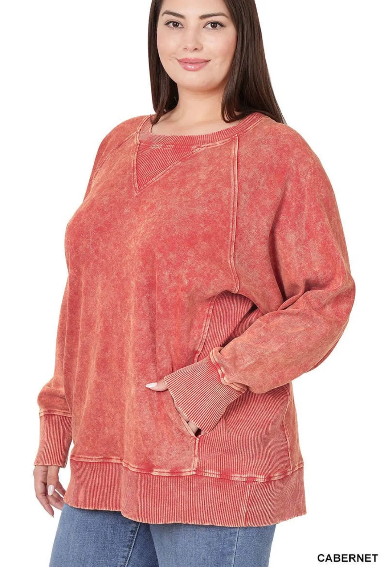 Blouse - Acid Wash Round Neck Pullover with pockets, Cabernet - Plus Size