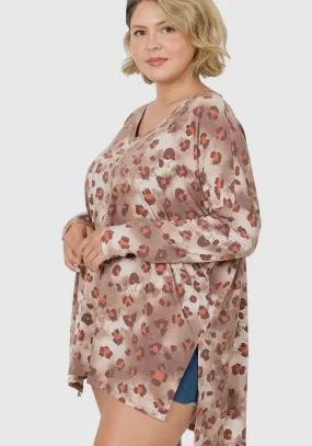 Blouse - Chocolate Leopard Dolman Long Sleeve V-Neck Top, Plus Size