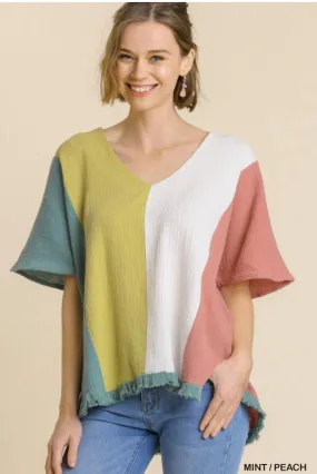 Blouse - Umgee, Color Block, Mint/Peach, Also Plus Size