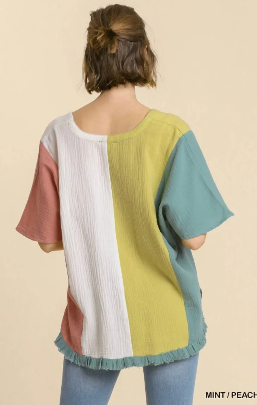 Blouse - Umgee, Color Block, Mint/Peach, Also Plus Size