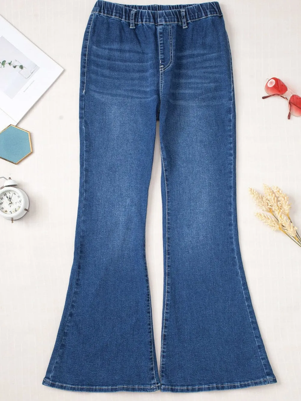 Blue Stretchy High-Rise Flared Denim Pants