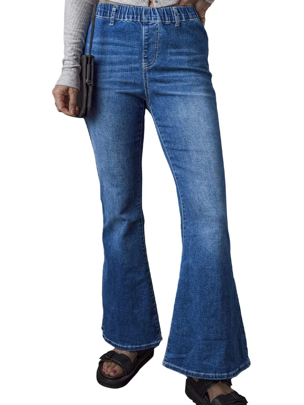 Blue Stretchy High-Rise Flared Denim Pants