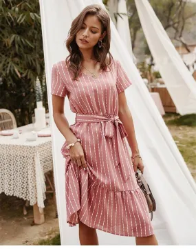 Boho Chic Pink Dress with White Stripes