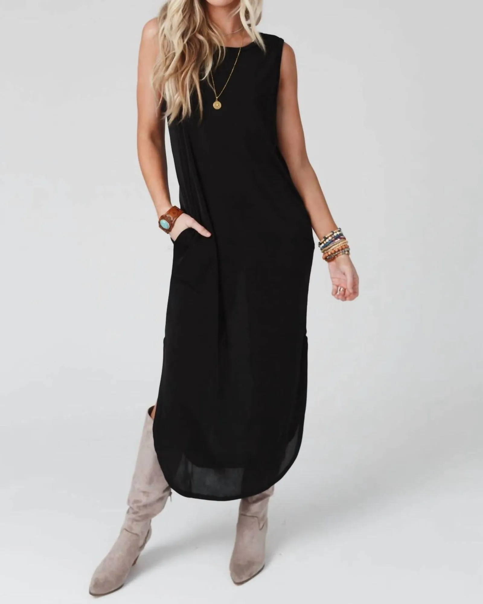 Cassie Sleeveless Pocket Slinky Maxi Dress In Black | Black