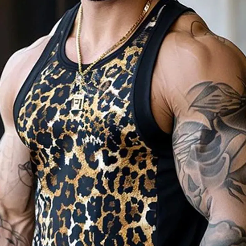 Casual Round Neck Leopard Print Patchwork Tank Top