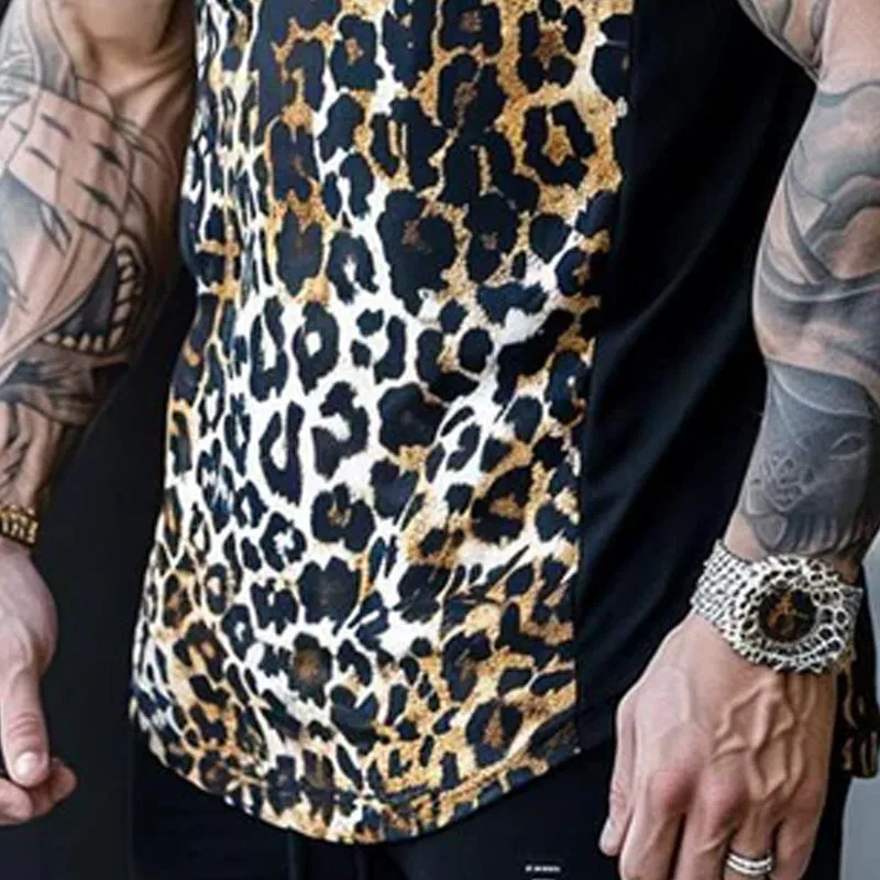 Casual Round Neck Leopard Print Patchwork Tank Top