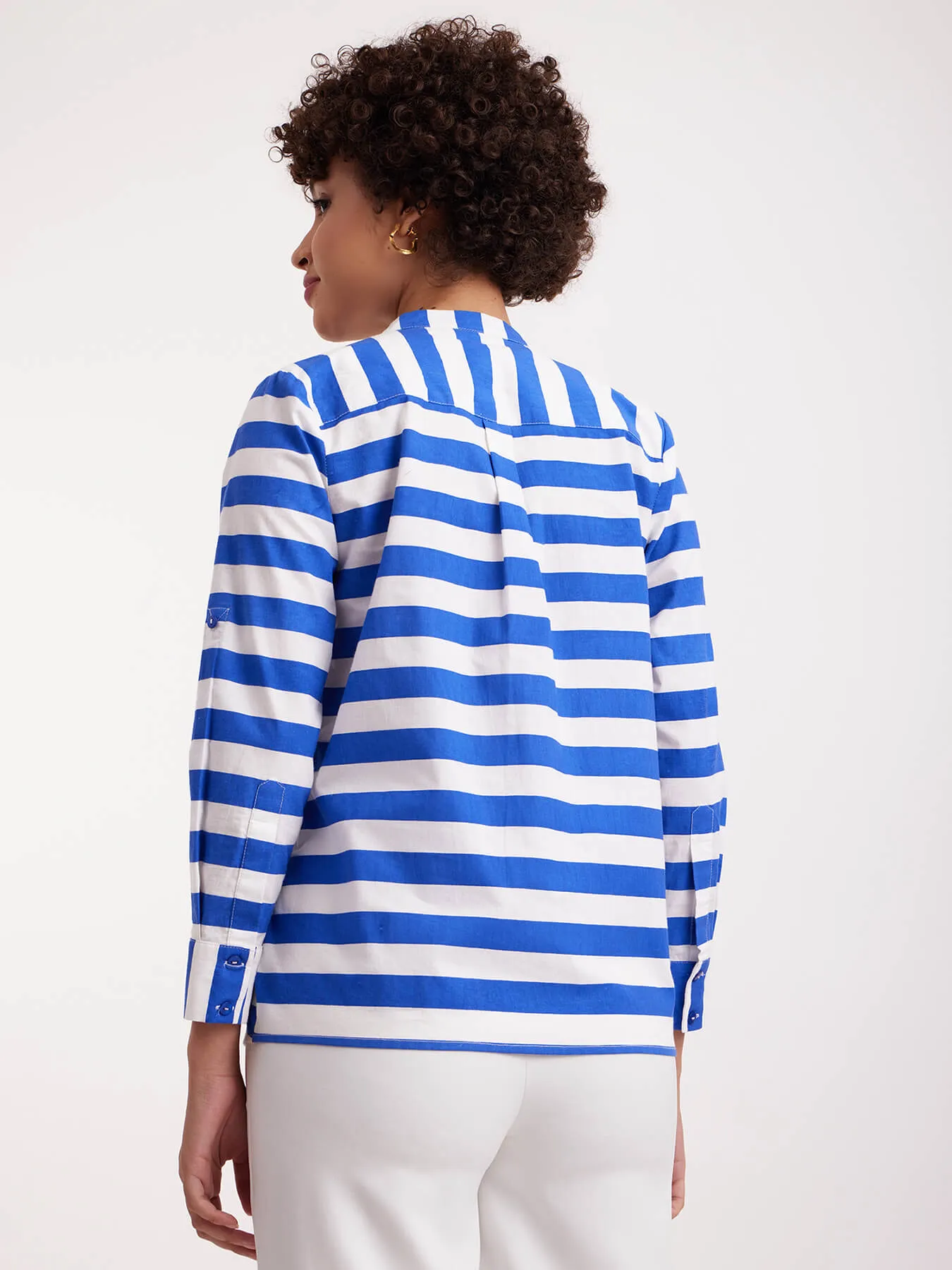 Cotton Poplin Stripe Play Shirt Collar Top - Blue & White