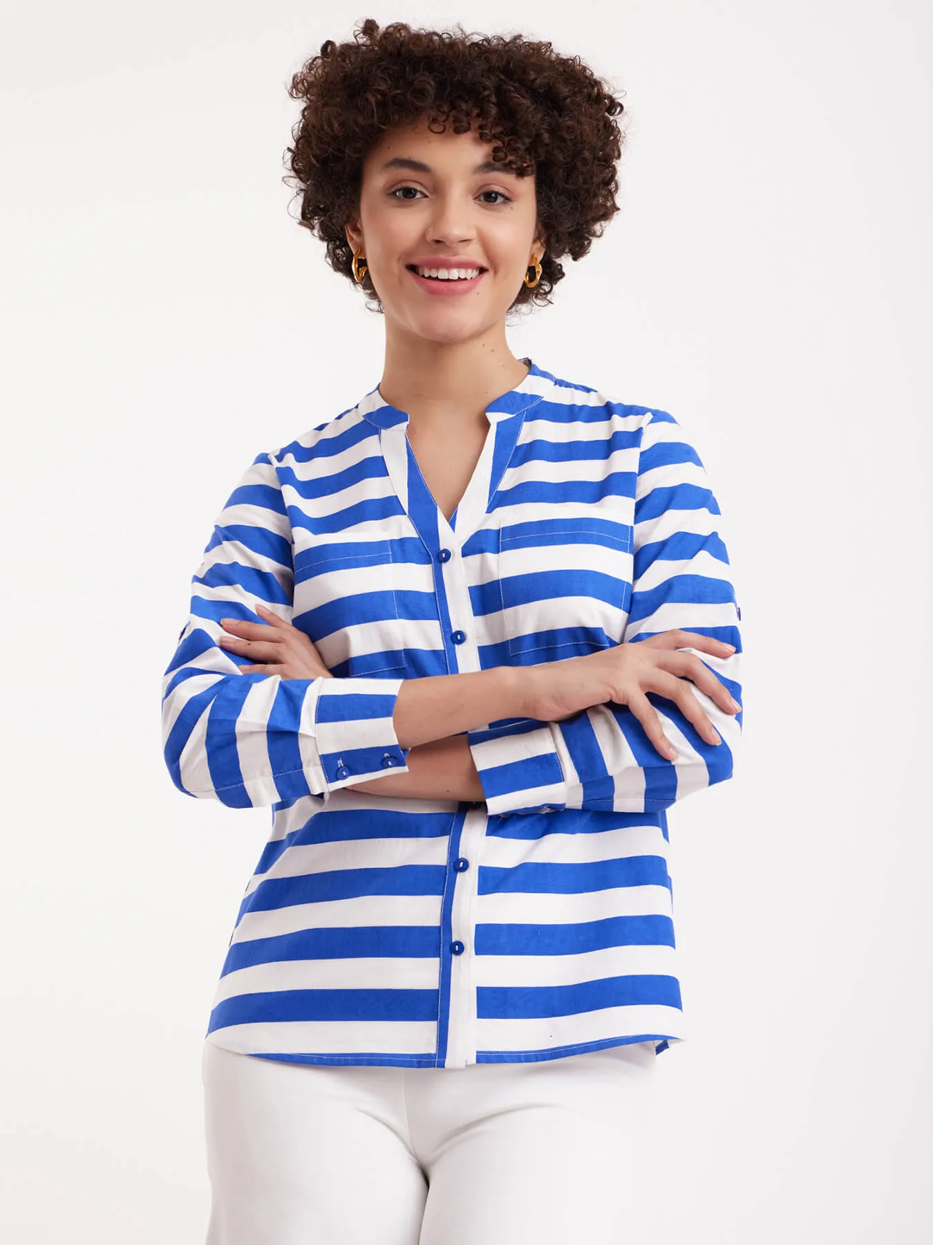 Cotton Poplin Stripe Play Shirt Collar Top - Blue & White