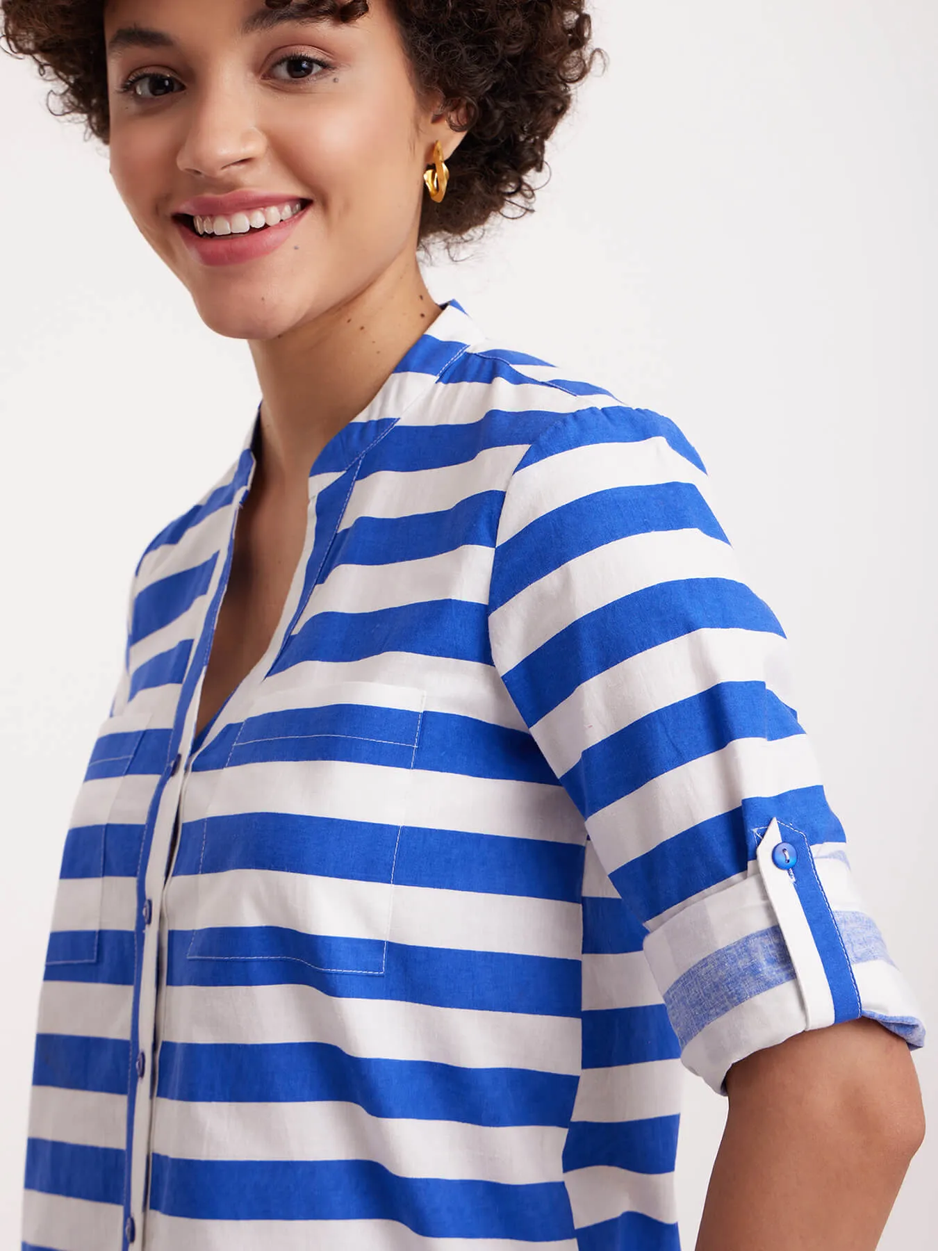 Cotton Poplin Stripe Play Shirt Collar Top - Blue & White