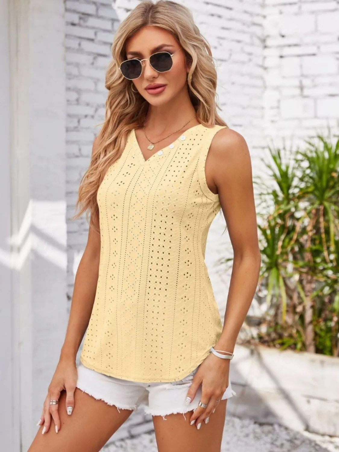 Decorative Button V-Neck Top