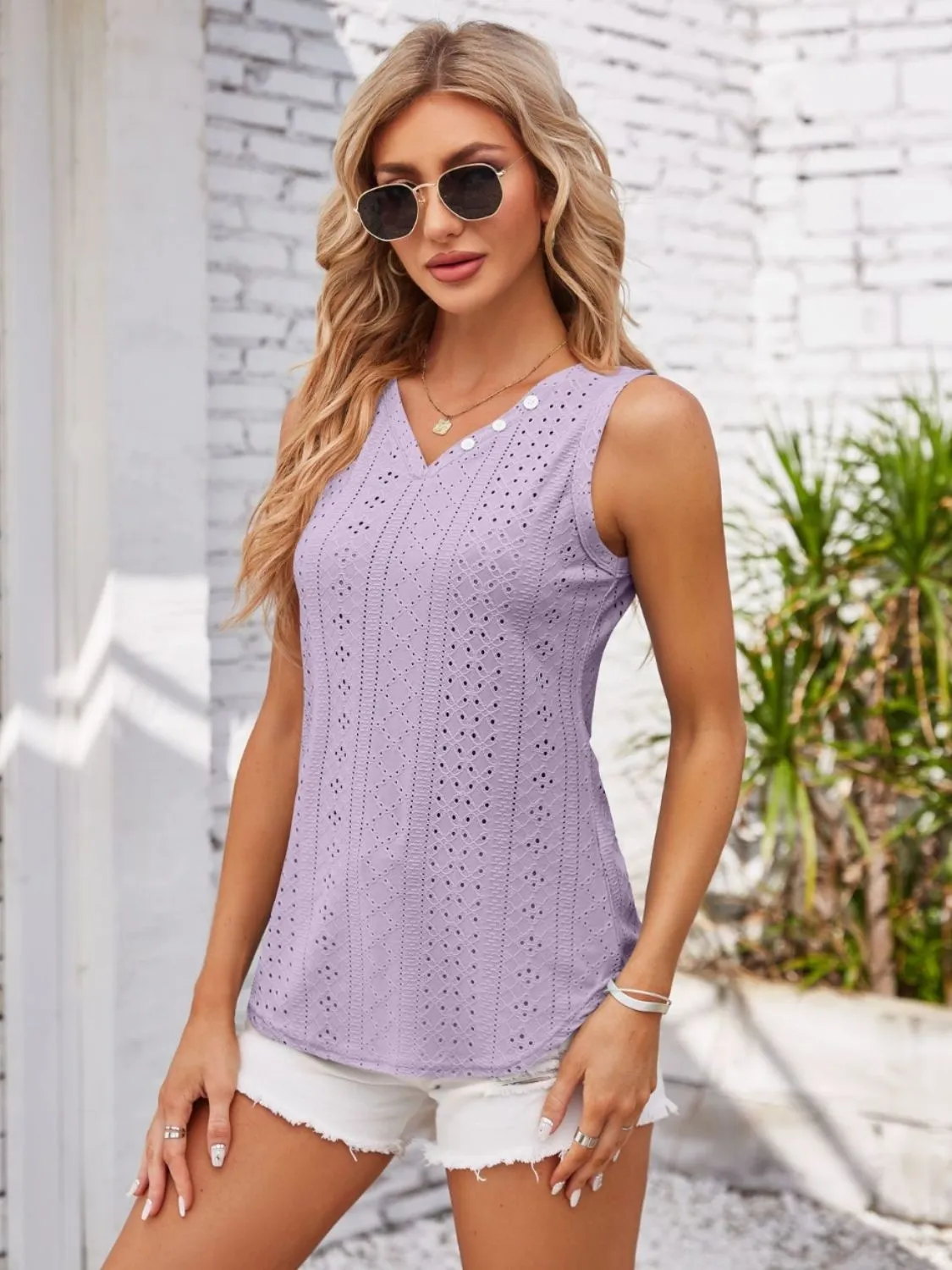 Decorative Button V-Neck Top