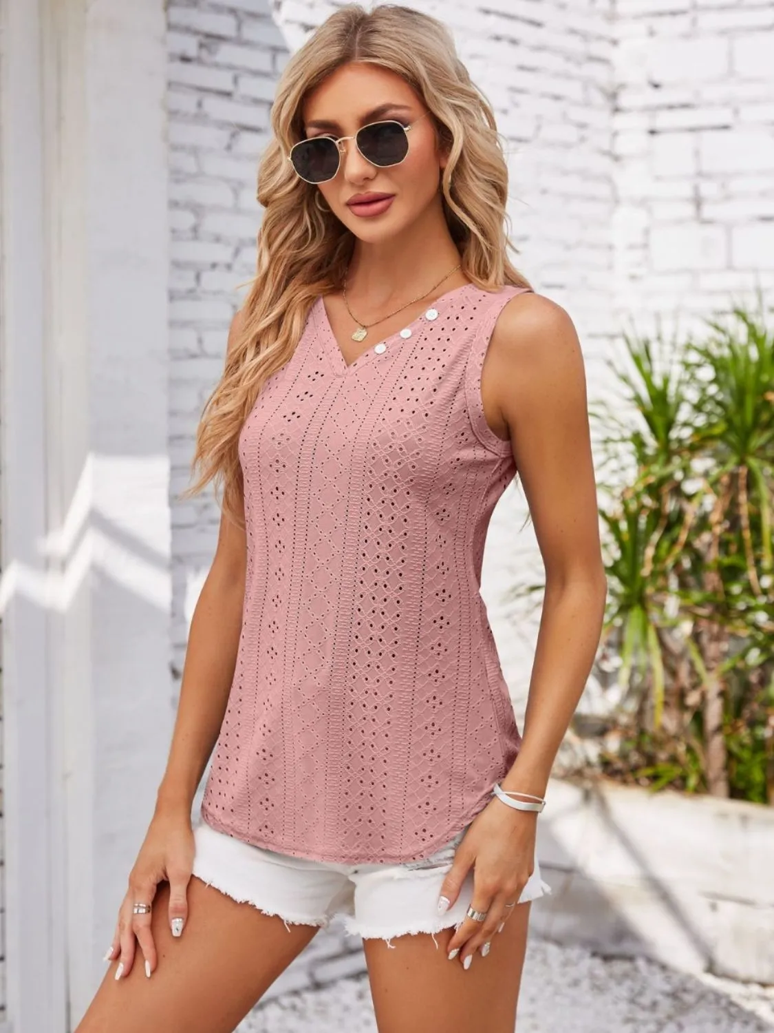 Decorative Button V-Neck Top