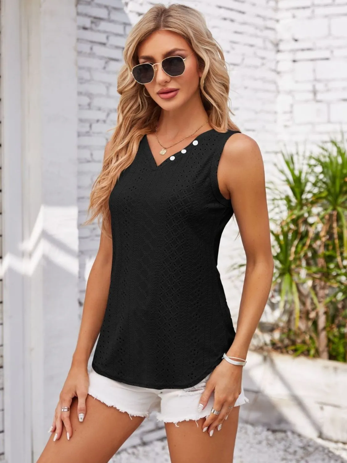 Decorative Button V-Neck Top