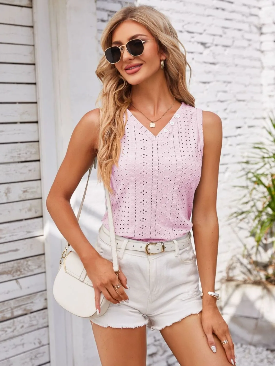 Decorative Button V-Neck Top