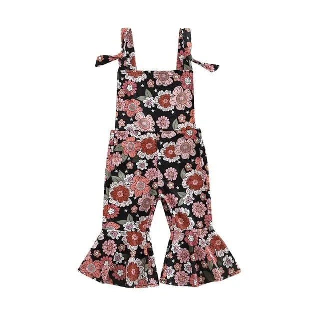 Flower Power - Baby Girl Jumpsuits Flare Bell Bottoms , Black Multi