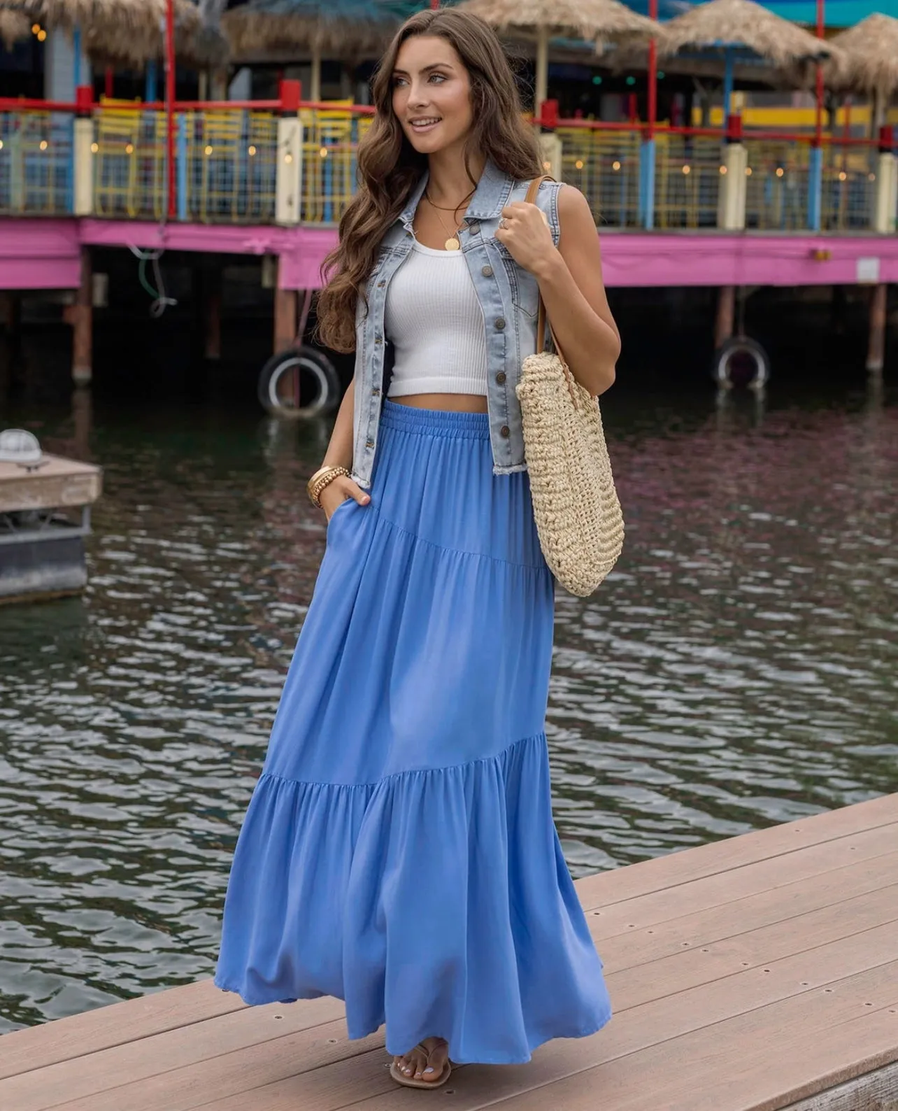 Grace & Lace pocketed tiered maxi skirt in cornflower blue