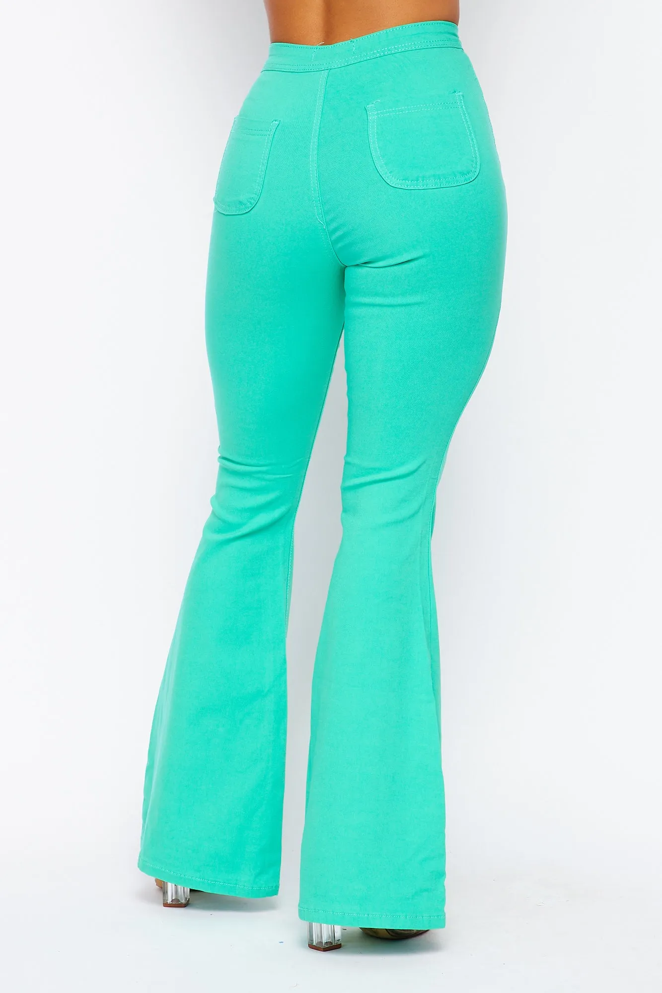 High Waisted Stretchy Bell Bottom Jeans - Mint