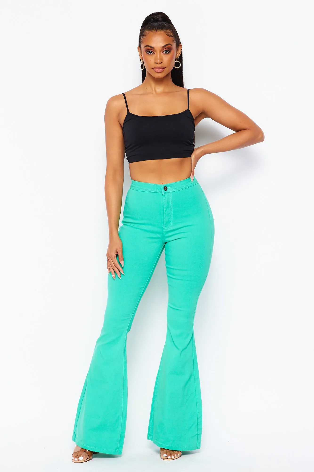 High Waisted Stretchy Bell Bottom Jeans - Mint