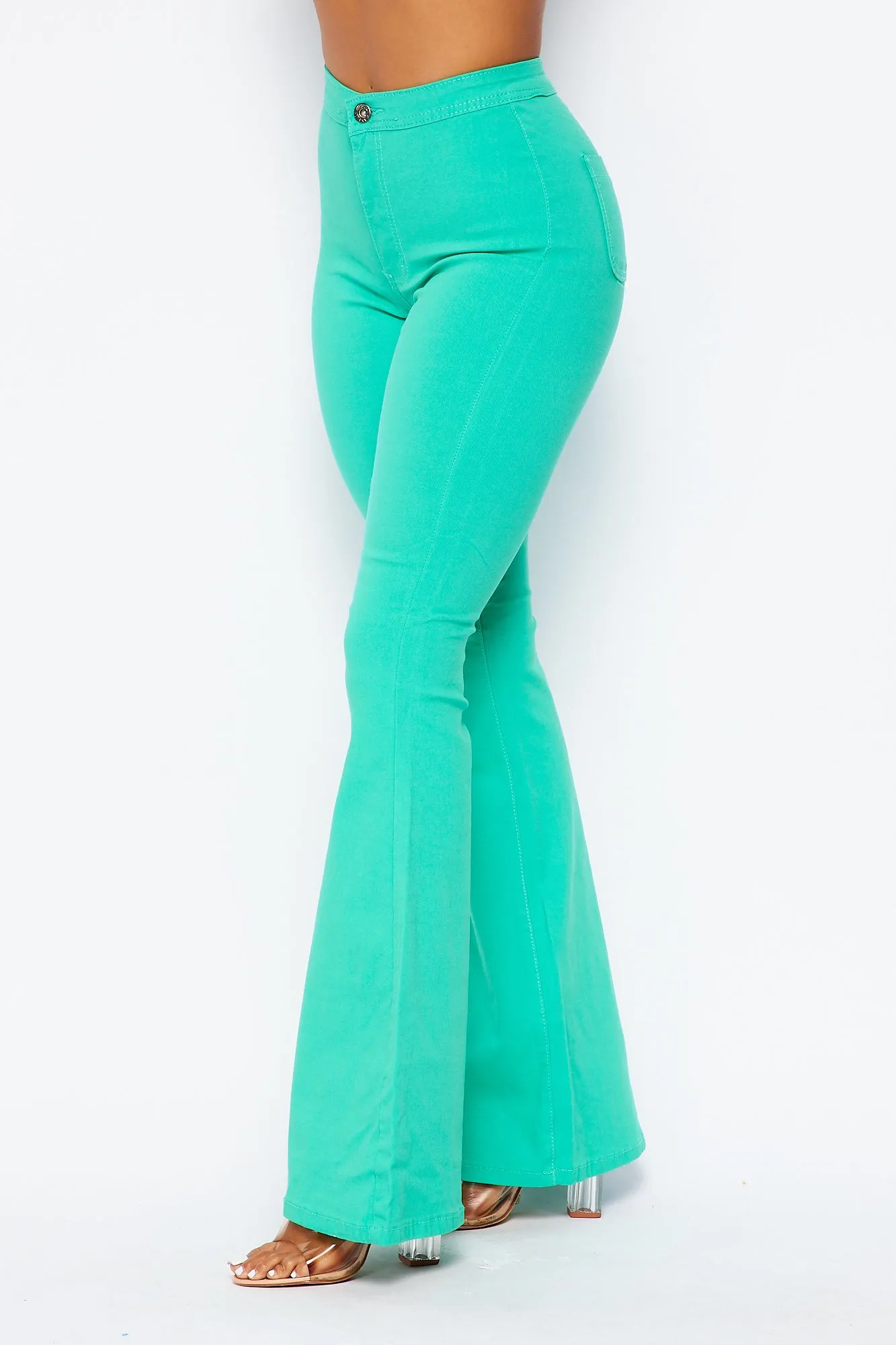 High Waisted Stretchy Bell Bottom Jeans - Mint