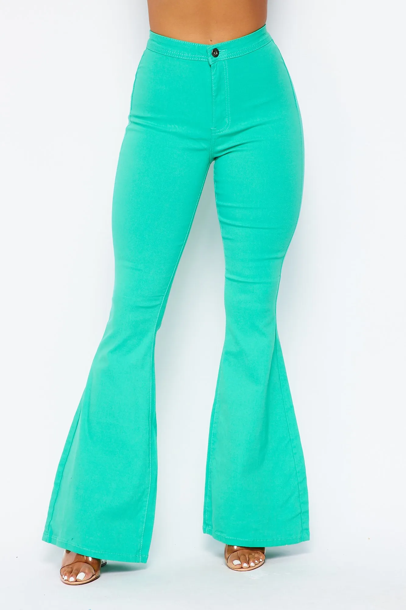 High Waisted Stretchy Bell Bottom Jeans - Mint