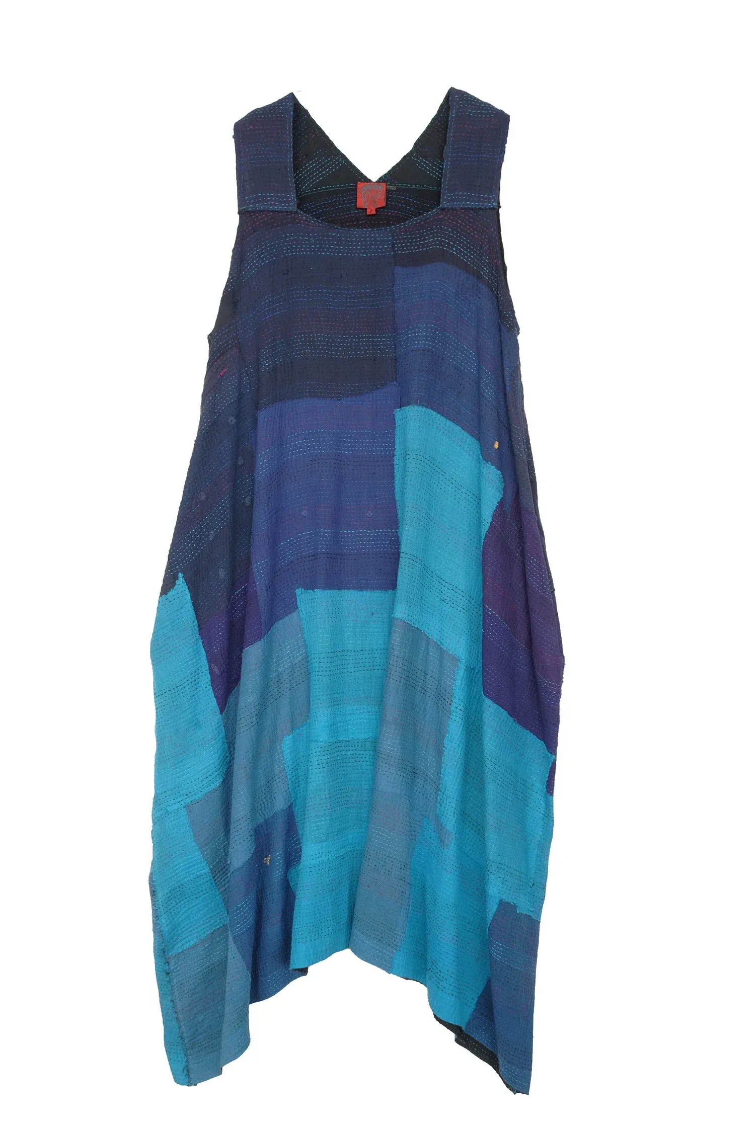 LANDSCAPE FRAYED PATCH KANTHA TENT DRESS - lf2413-blu -