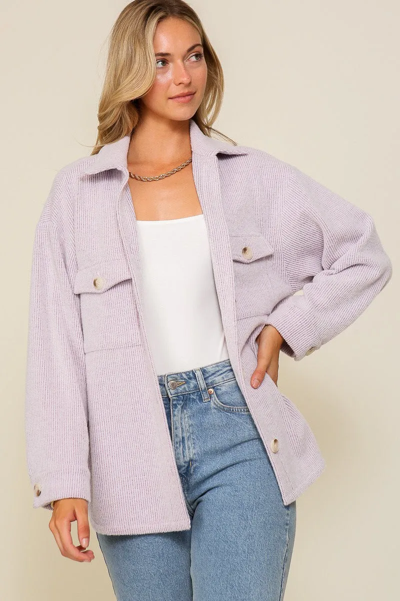 Lavendar Long Sleeve Button Down Brushed Waffle Shacket