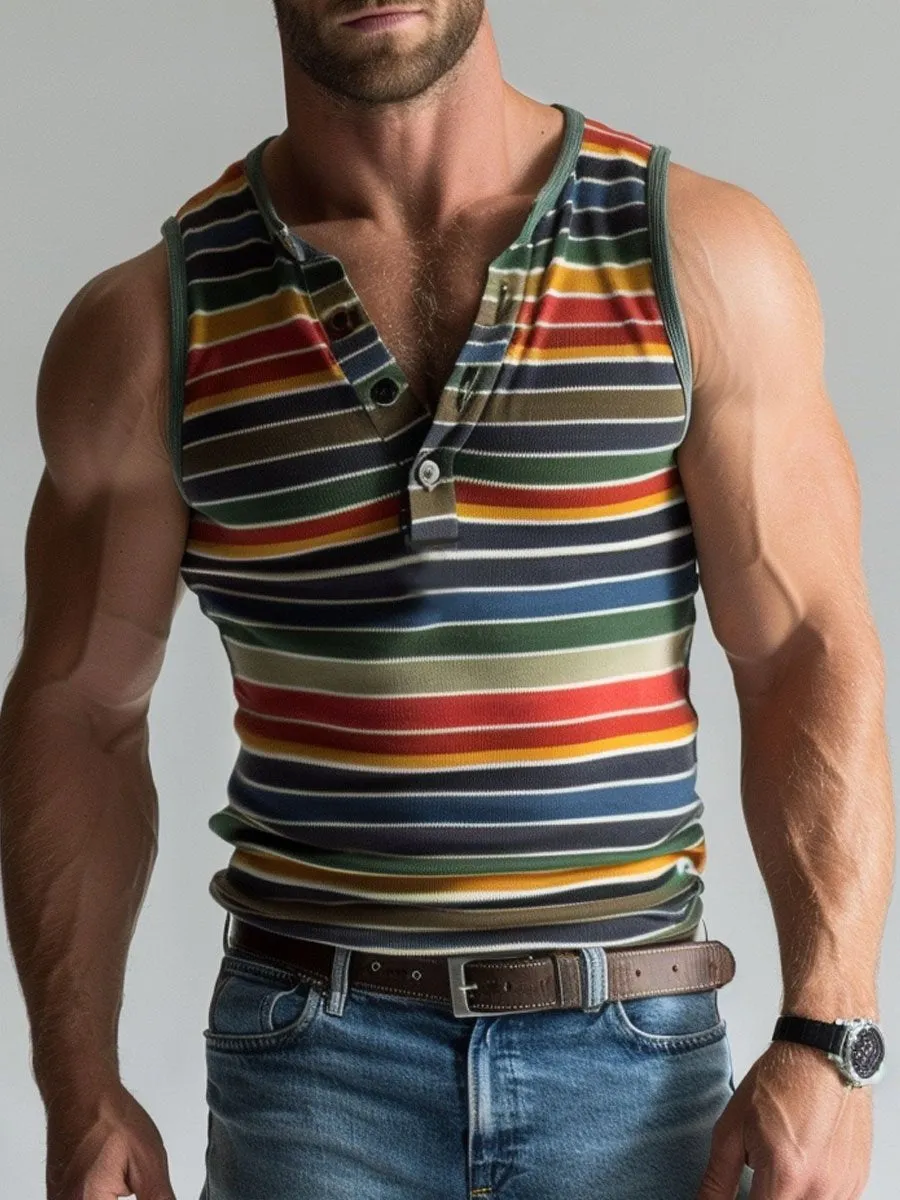 Men's Colorful Pinstripe Round Neck Button Casual Tank