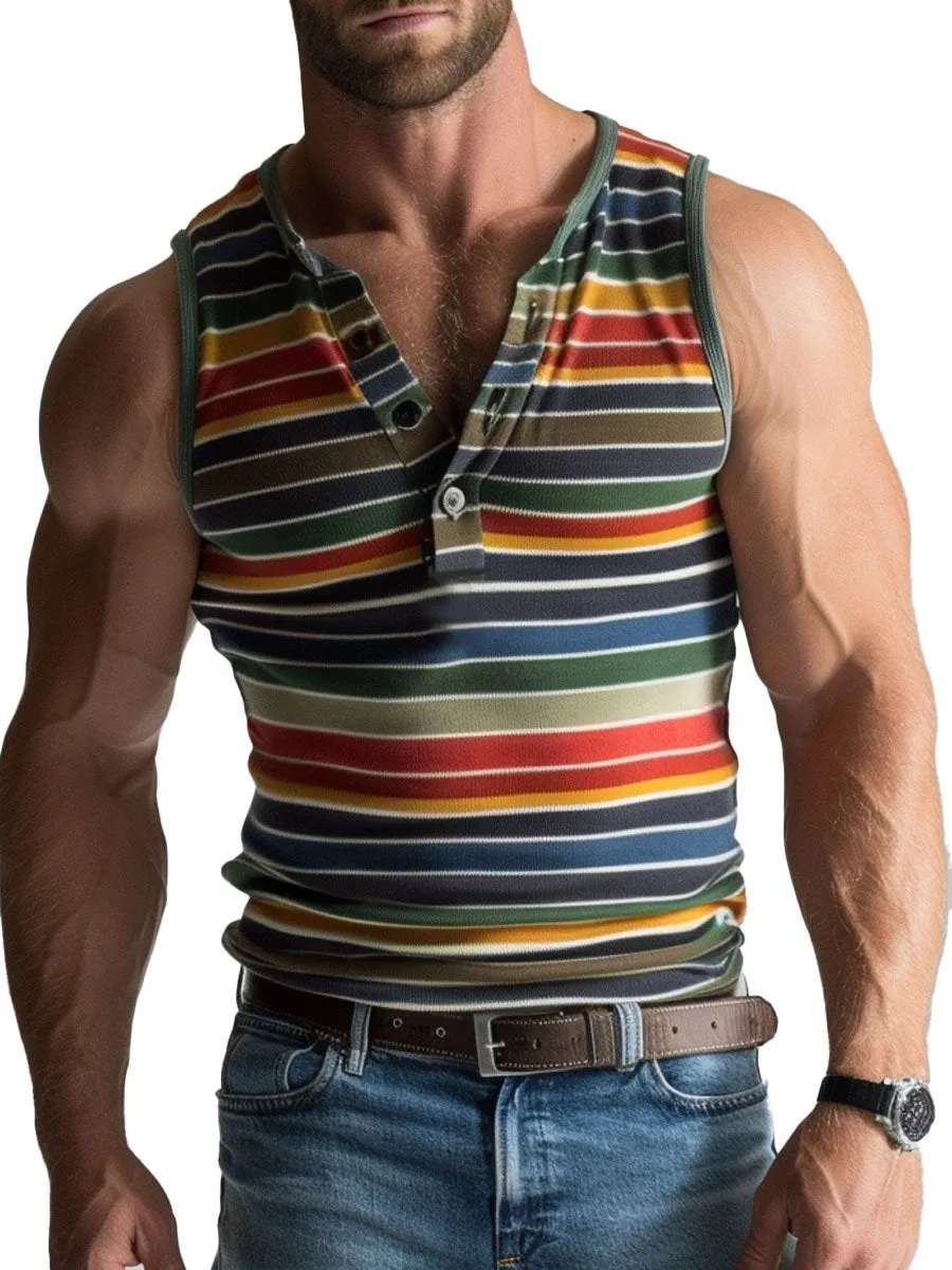 Men's Colorful Pinstripe Round Neck Button Casual Tank