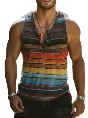 Men's Round Neck Retro Striped Print Button Casual Tank