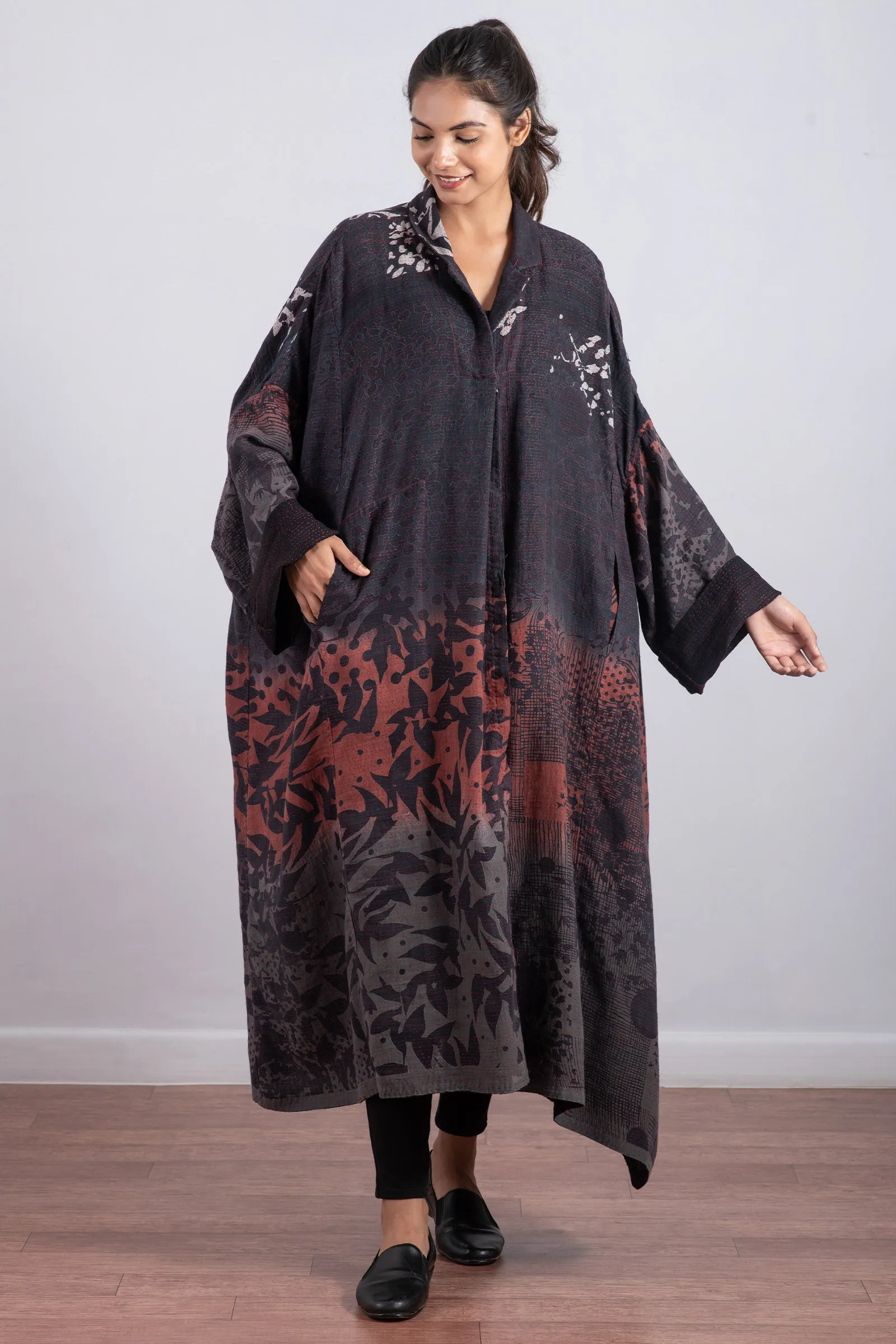 MONOTONE TWILIGHT PRINT KANTHA OVERSIZE DRESS - tp2432-red -