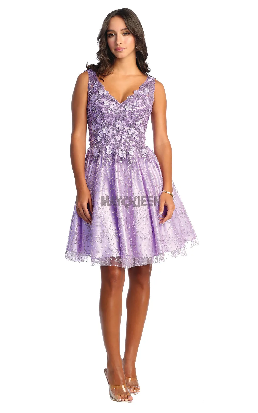 MQ 1890 - Short A-Line Homecoming Dress with 3D Applique V-Neck Bodice Corset Back & Glitter Print Skirt