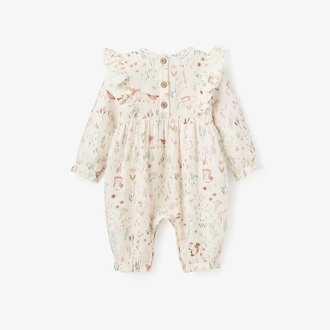 Owl Print Flutter Organic Muslin Baby Jumpsuit