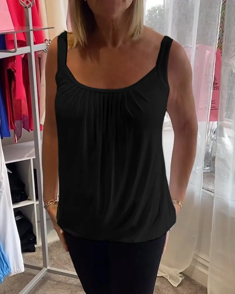 Pleated solid casual sleeveless top