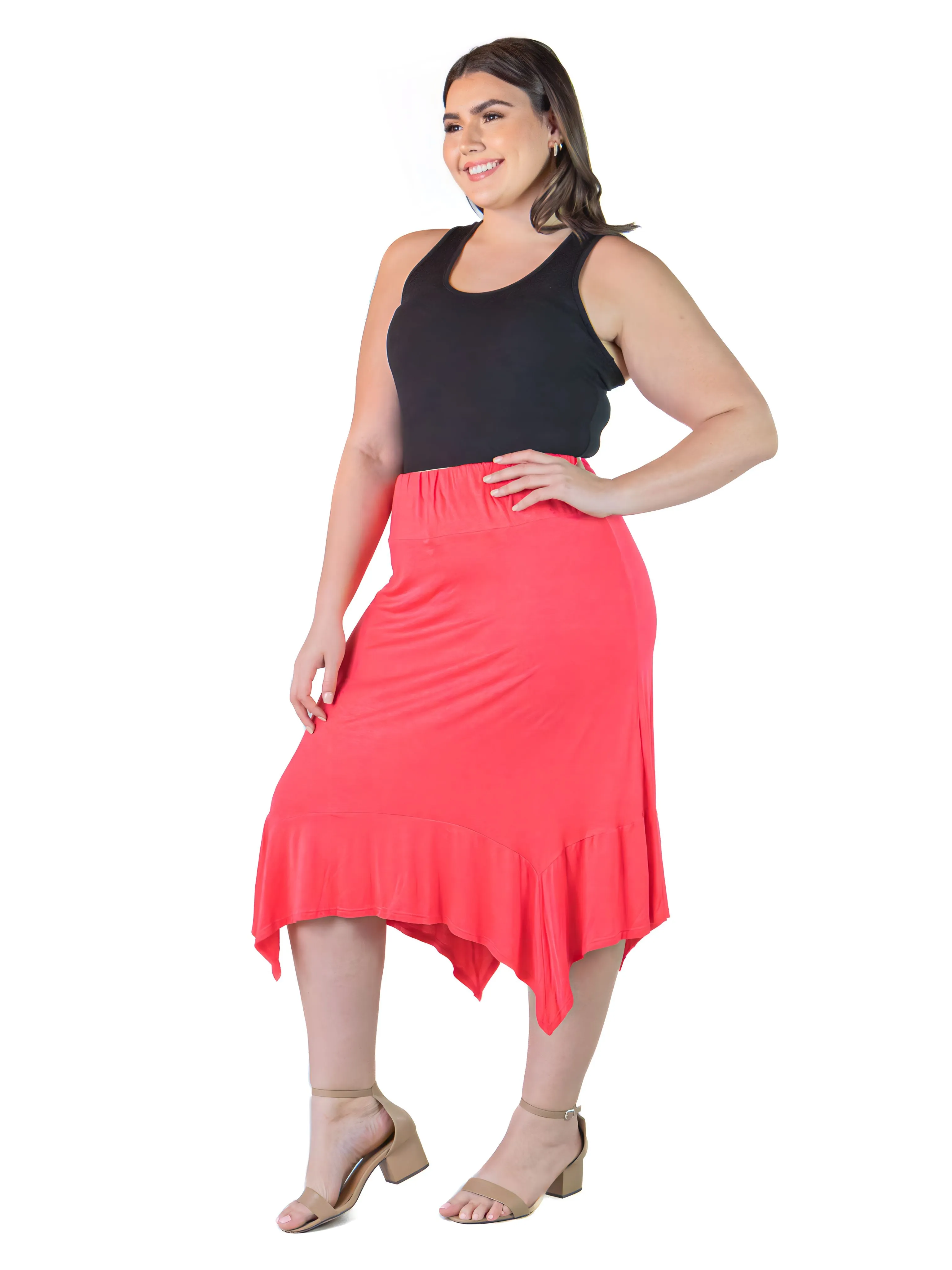 Plus Size Solid Color Knee Length Elastic Waist Handkerchief Skirt