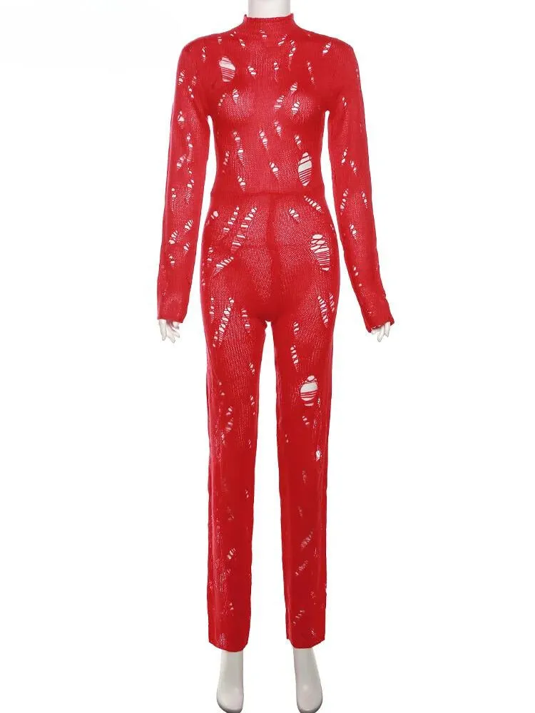 "Make a Statement with T-BOO Women's Knit Ripped Jumpsuit: Behind Shirring, Hipster Stretch, and Streetwear Overalls for Fashion-Forward Women!"