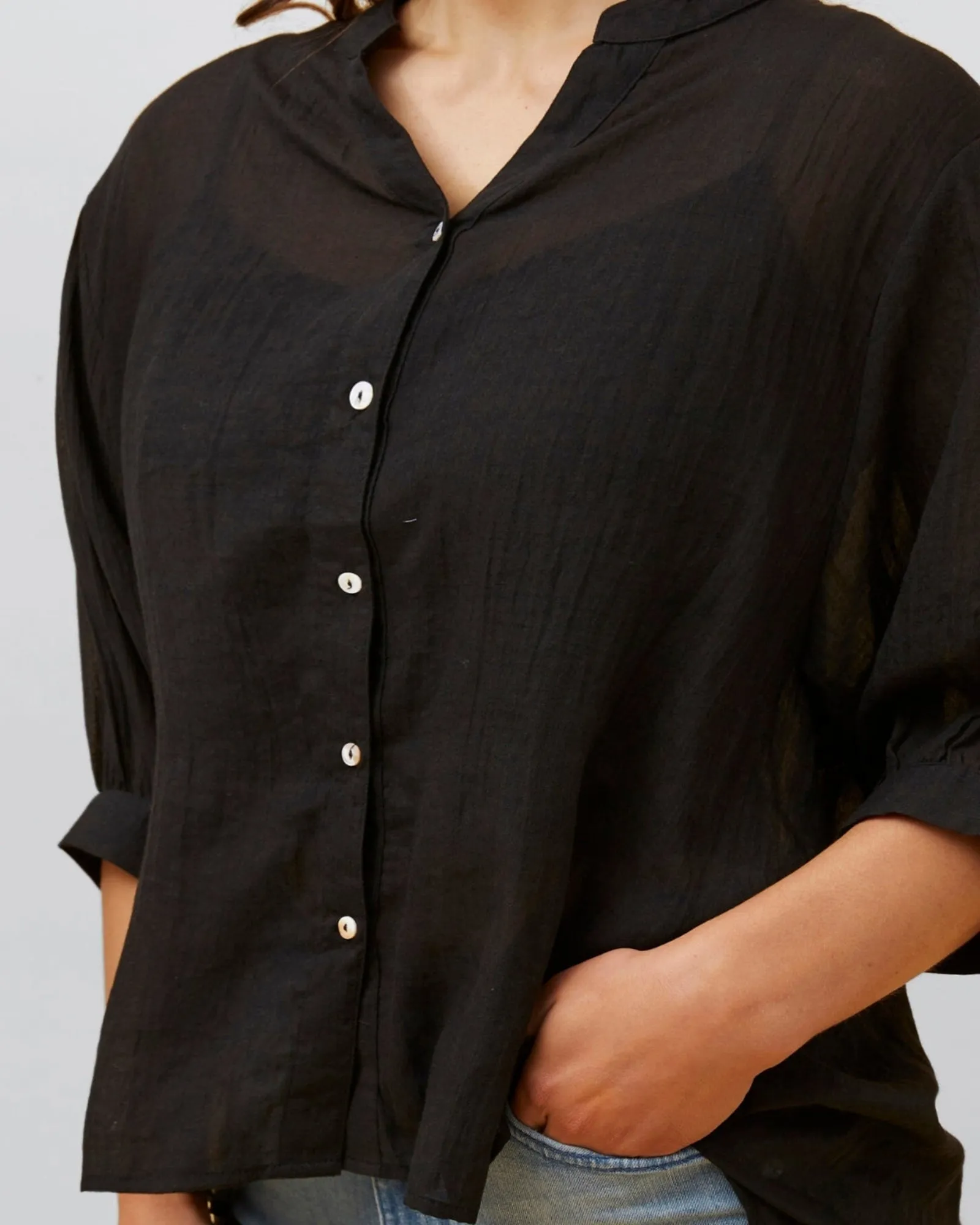 Roxanne Oversized Semi-Sheer Shirt Blouse Solid | Black