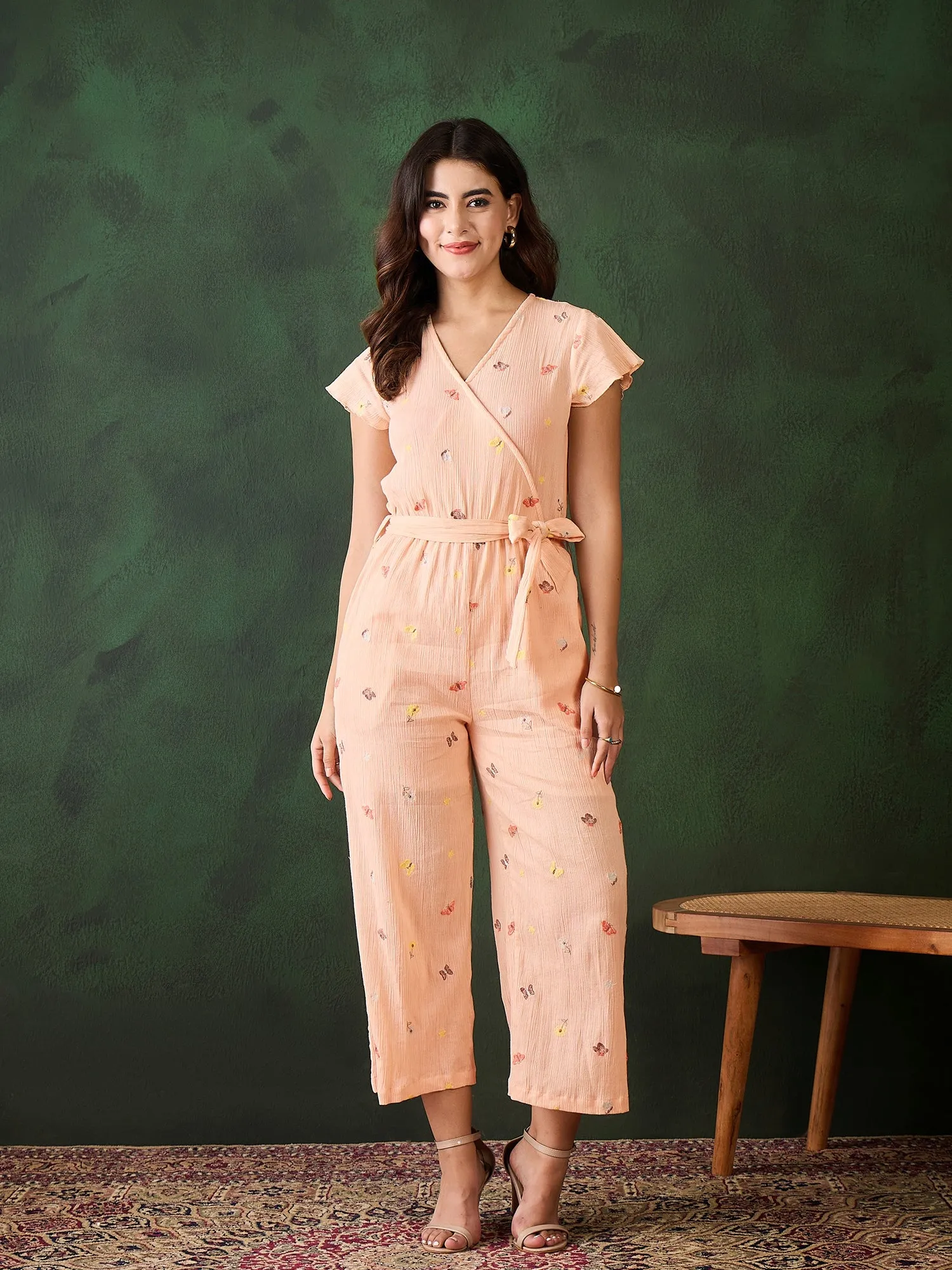 StyleStone Women's Butterfly embroidered Peach Rayon Crepe Jumpsuit