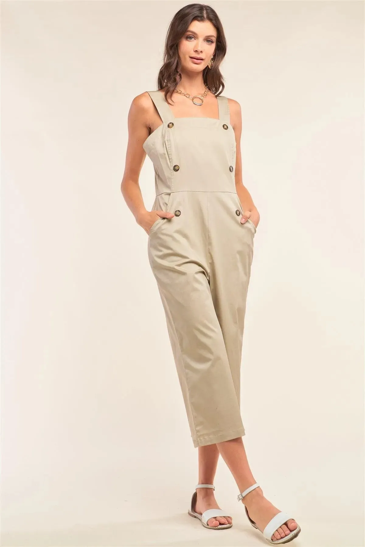 Taupe Button-Front Sleeveless Wide Leg Jumpsuit/1-2-2-1