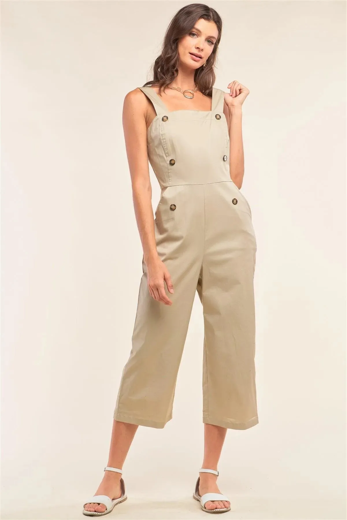 Taupe Button-Front Sleeveless Wide Leg Jumpsuit/1-2-2-1