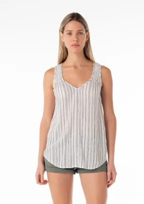 Vertical Striped V Neck Smocked Tank Top