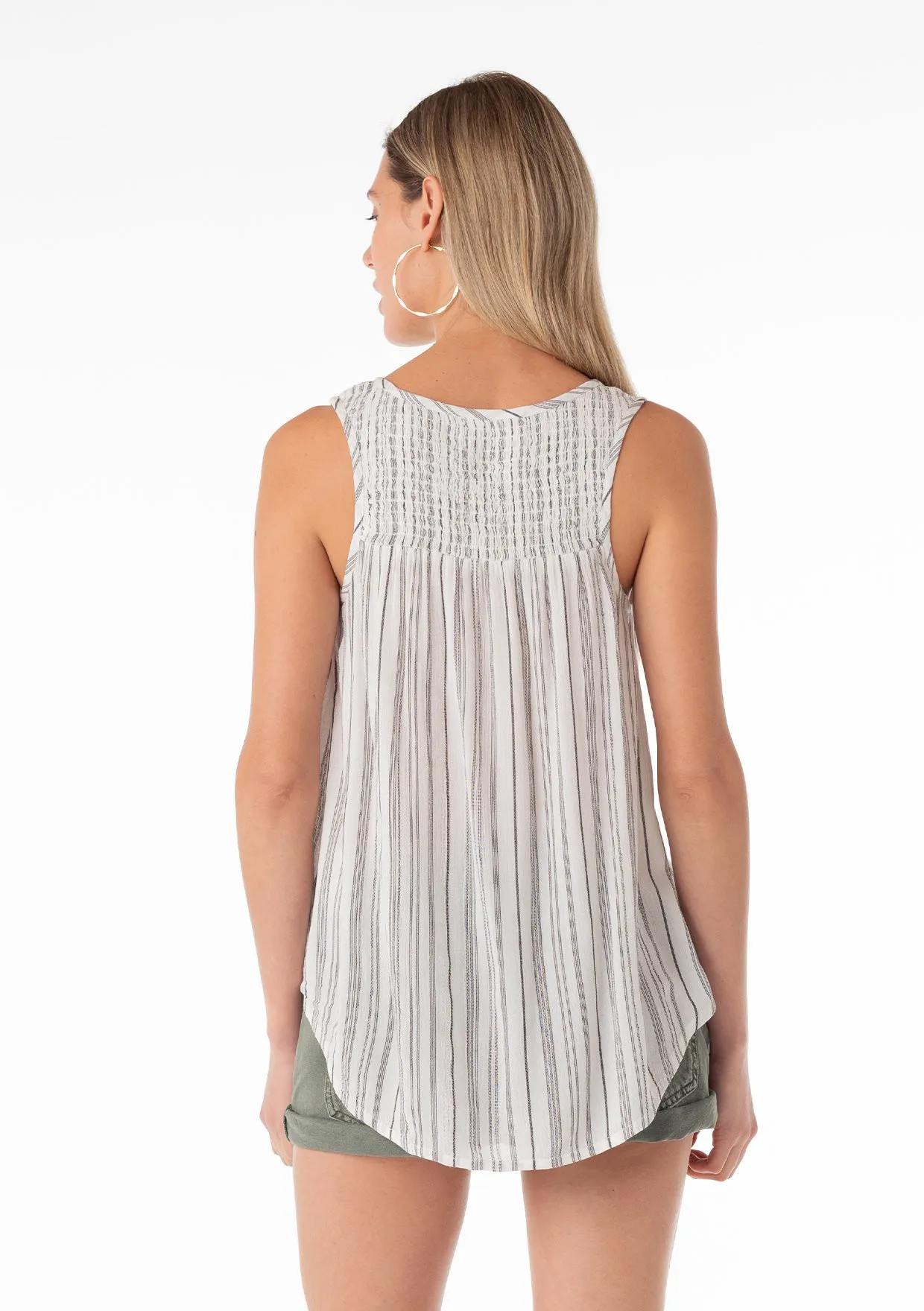 Vertical Striped V Neck Smocked Tank Top