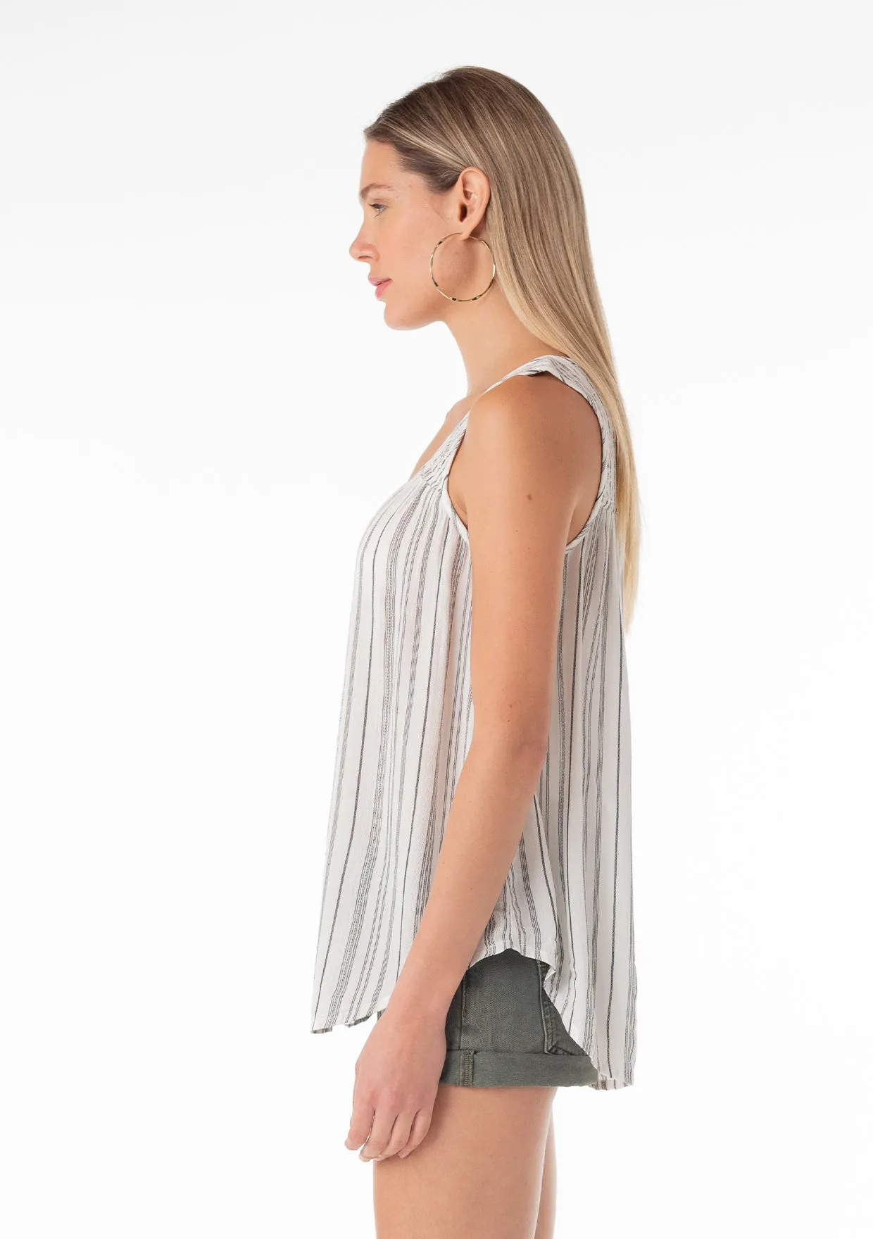 Vertical Striped V Neck Smocked Tank Top